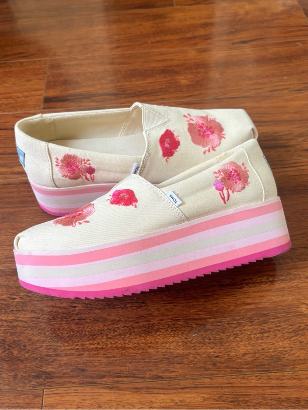 TOMS Cream Canvas Platform Slip-Ons with Pink Floral Embroidery - Picture 5 of 12